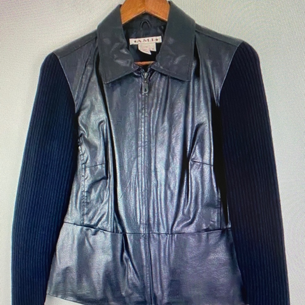 Ami Alexandre Mattiussi Navy Leather Jacket with Rib Knit Sleeves